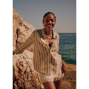 SEZANE Tomboy Button-Up Shirt Sz 38 /6 Pink Tan Green Wide Stripe Linen Blend